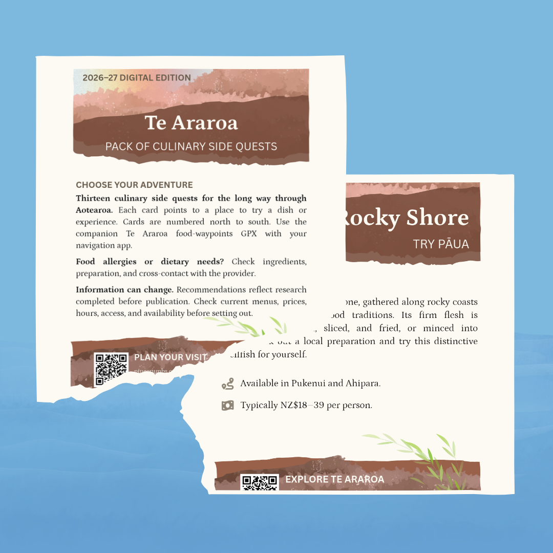 Te Araroa Culinary Side Quests 2026–27 digital pack with sample cards.